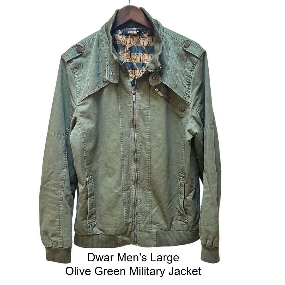 Dwar Mens Large Olive Green Military Bomber Jacket Quilted Shoulder Mock Neck